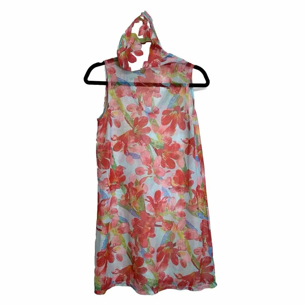 Athena Women's Sheer Mesh Swimwear Cover-Up Dress Size Medium Floral Hooded‎ Top